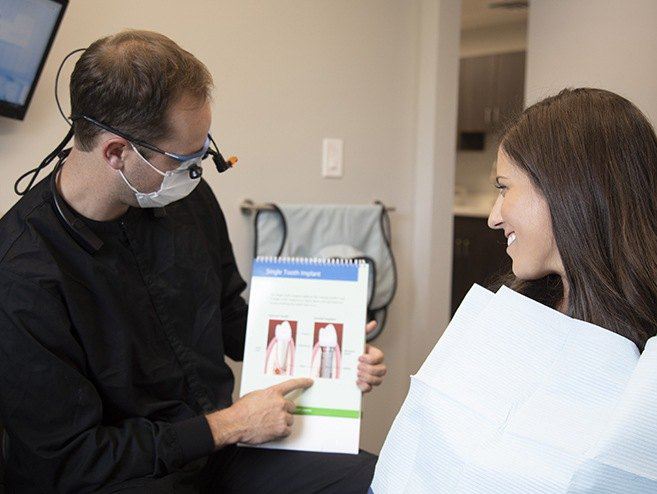 Dr. Dan Maurer explaining dental implants to a patient